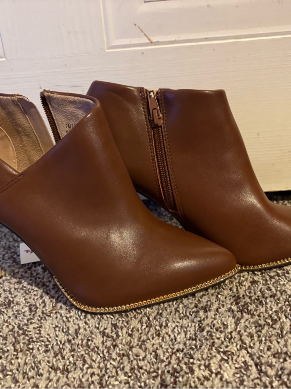 BCBGeneration Chestnut Brown Ankle Booties with Gold Chain Trim